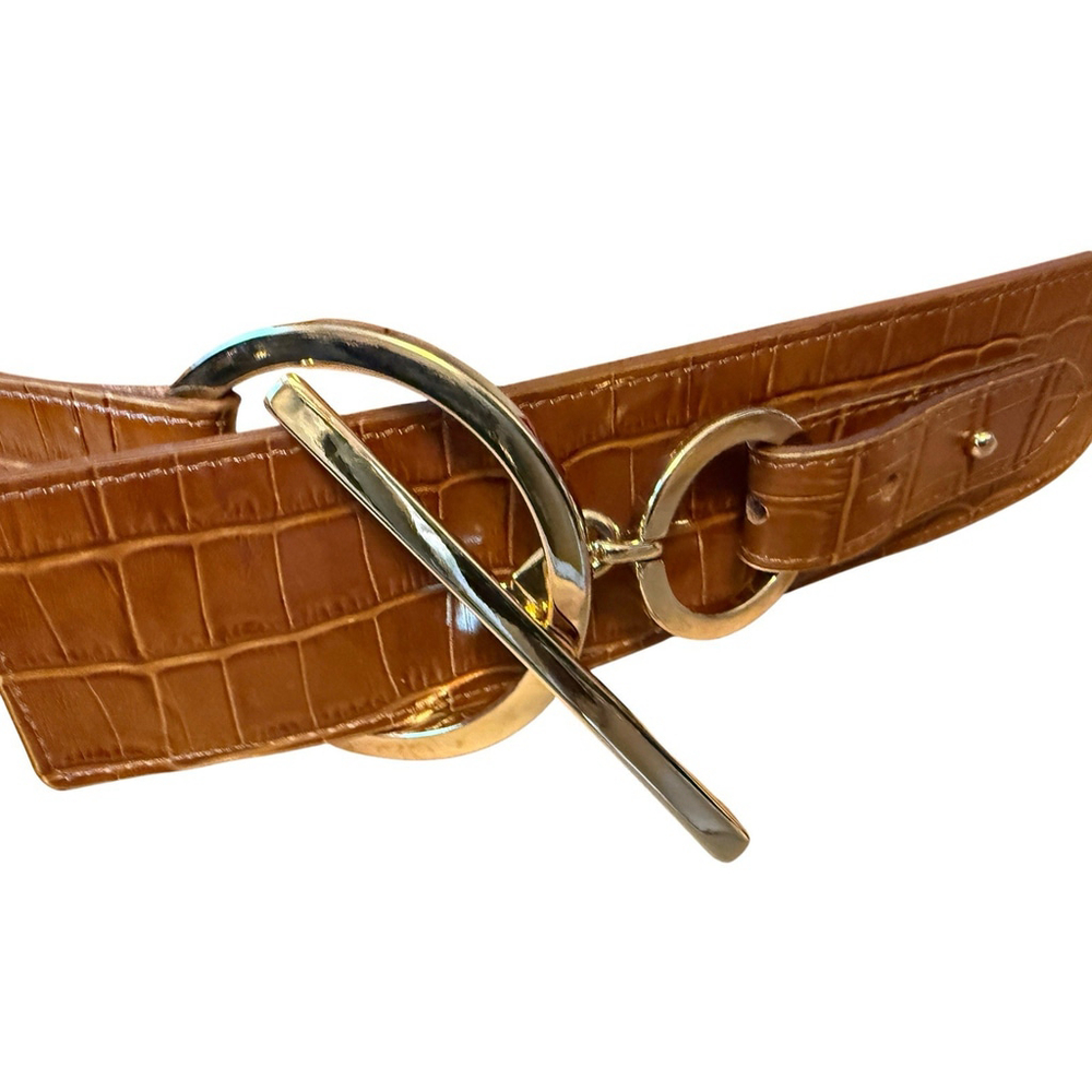 Maison Boinet Paris Croc Embossed Leather Belt‎ Brown Gold Hardware Size 75/30